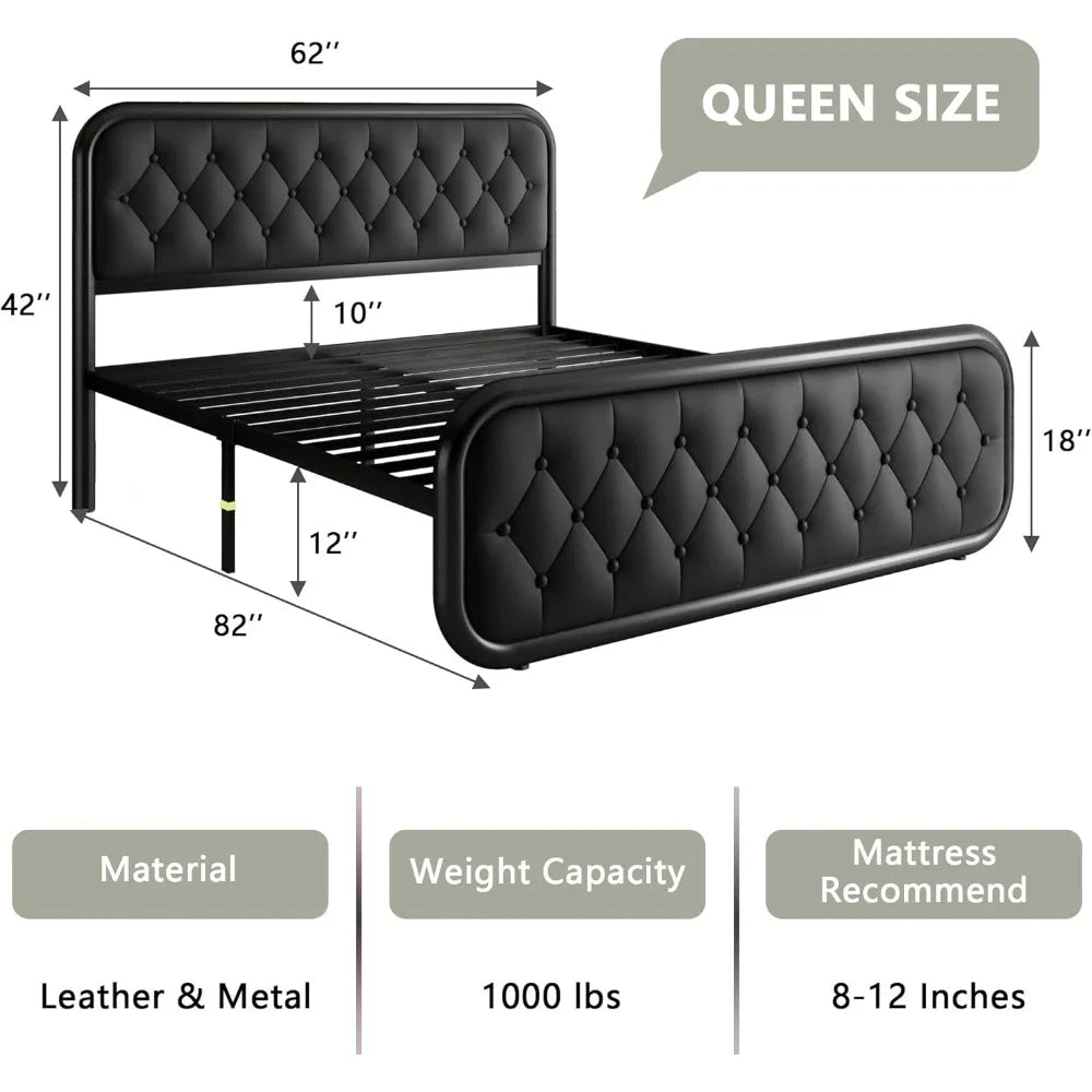 Bed Frame, Heavy Duty Bed Frame with Faux Leather Headboard, Bed with Strong Metal Slats Under-Bed Storage, Easy Assembly