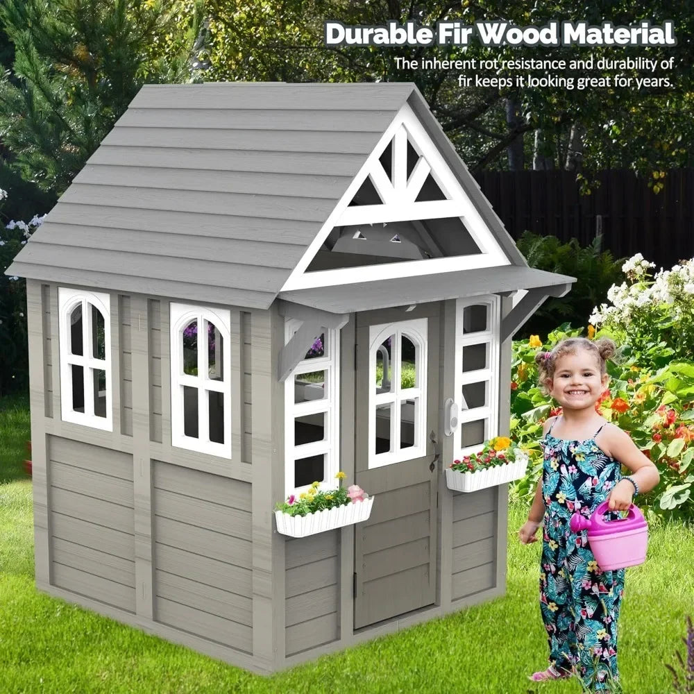 Children’s Outdoor Playhouse with Kitchen, Doorbell & Chalkboard – Fir Wood & Plastic