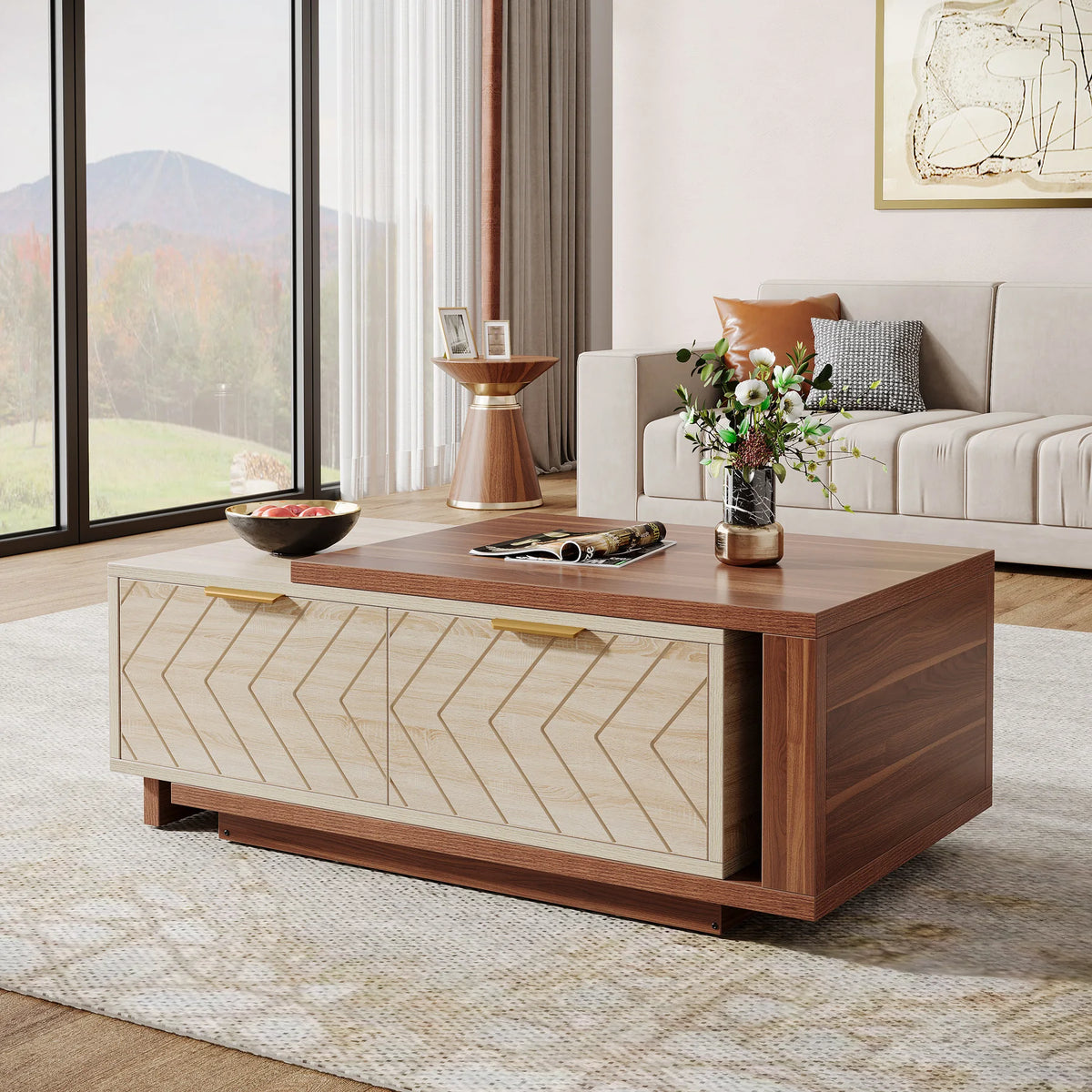ONBRILL Modern Two-Tone Coffee Table with Storage Drawers