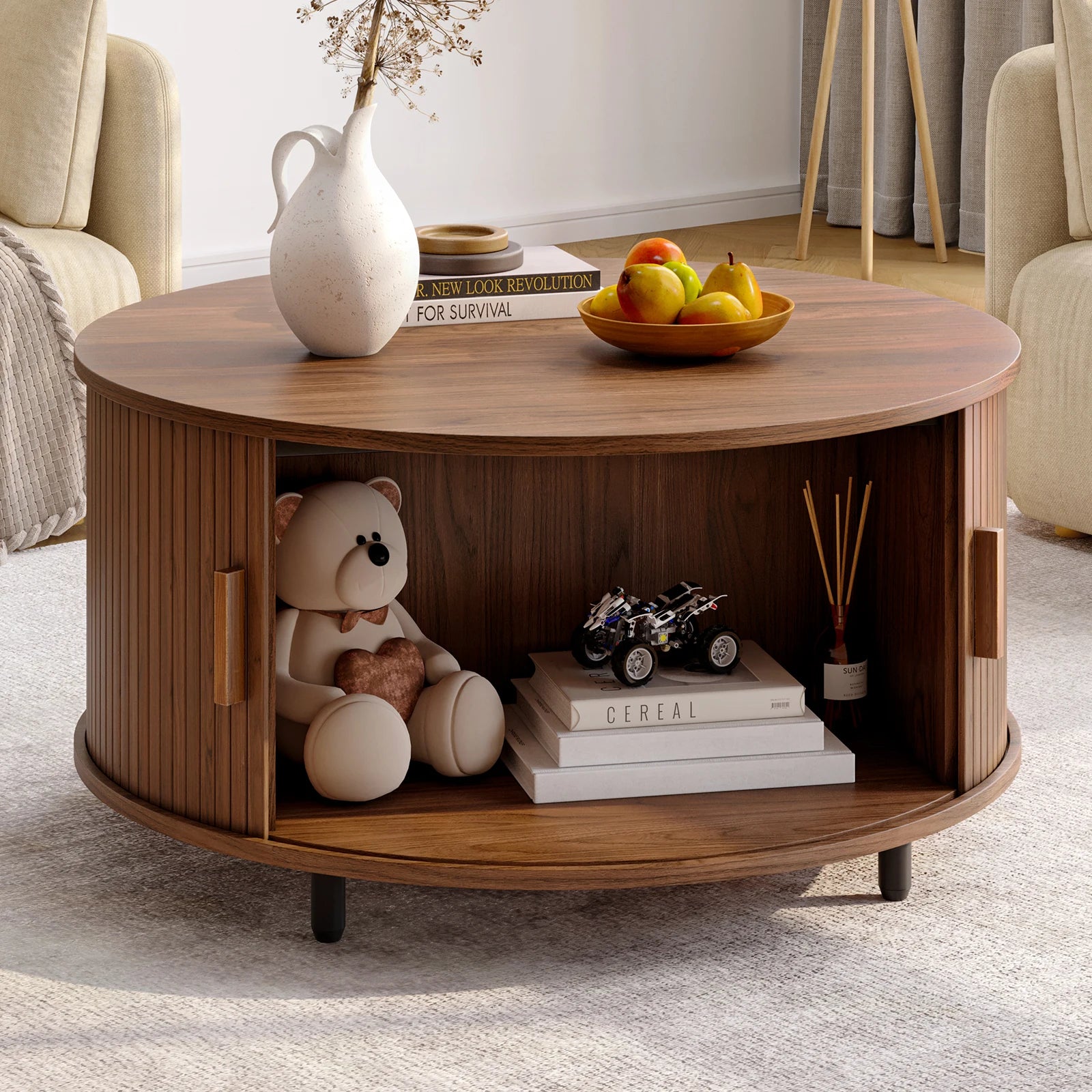 ONBRILL Modern Round Coffee Table with 360° Sliding Door