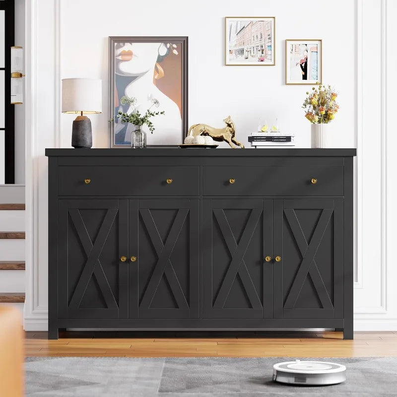Sideboard Buffet Cabinet With Storage, 55" Large Kitchen Storage Cabinet With 2 Drawers And 4 Doors, Wood Coffee Bar Buf