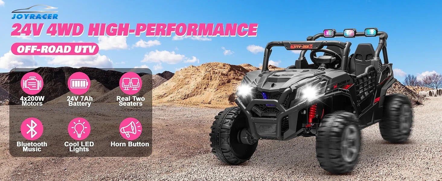 Joyracer 24V Kids Ride-On Car | Double Seat UTV | LED Lights, USB/MP3, Adjustable Volume | Ages 3–6