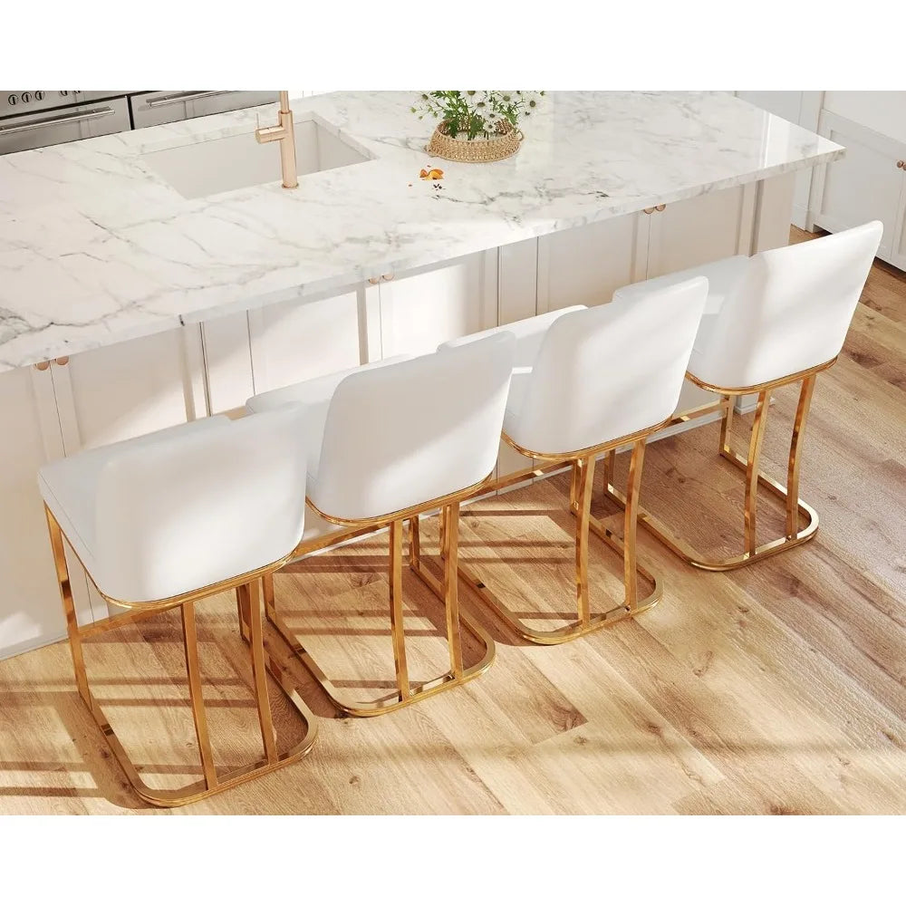 24" Modern Upholstered Bar Stool – White Faux Leather, Brushed Metal Frame
