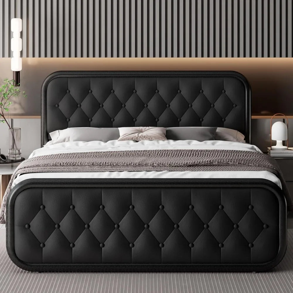Bed Frame, Heavy Duty Bed Frame with Faux Leather Headboard, Bed with Strong Metal Slats Under-Bed Storage, Easy Assembly