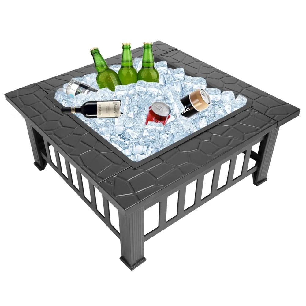Outdoor Square Fire Pit with Mesh Lid & Poker – 32" Black Metal