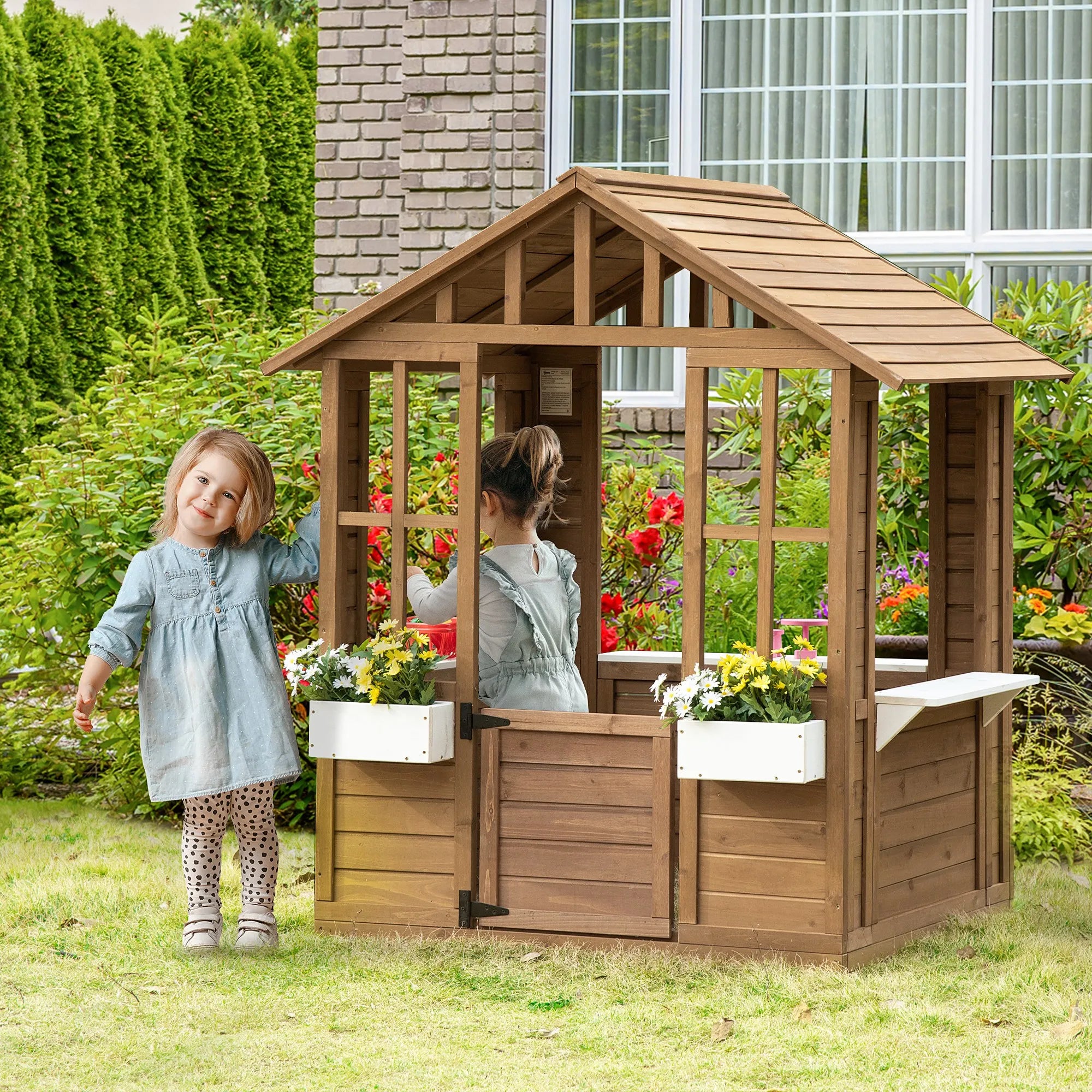 Outsunny Kids Wooden Outdoor Playhouse  Fir Wood, Serving Station & Flowerpot Holders