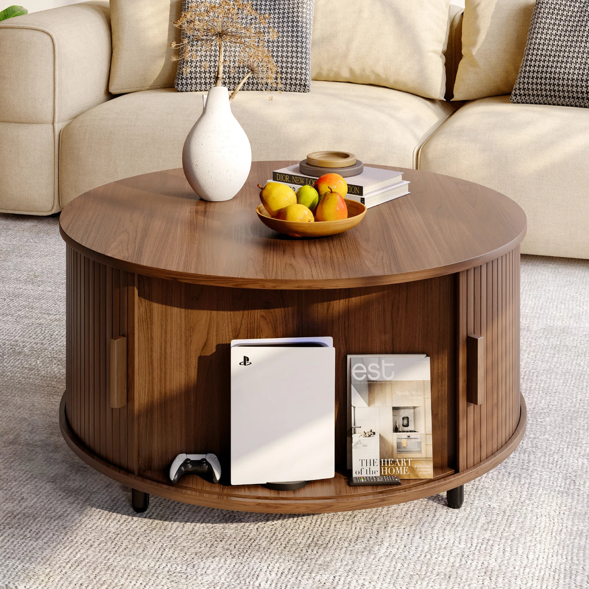 ONBRILL Modern Round Coffee Table with 360° Sliding Door