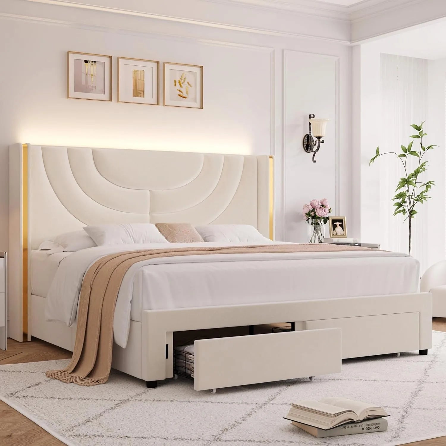 LED Upholstered Bed with Storage & Wingback Headboard