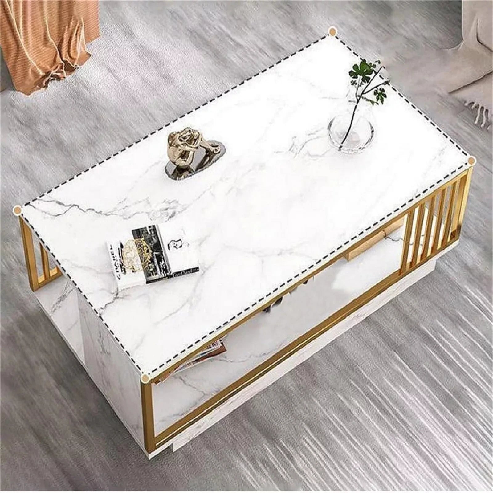 Modern White & Gold Coffee Table with Storage Shelf