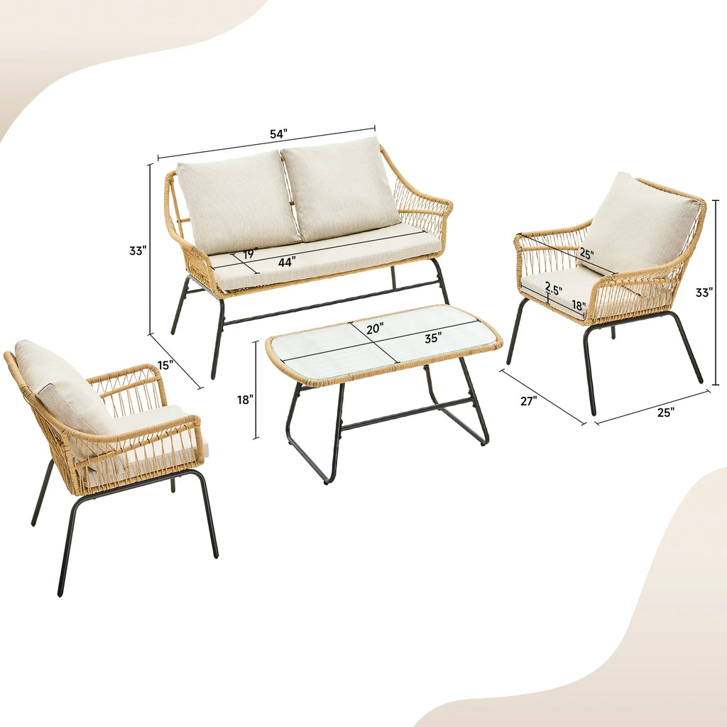 4 Piece Patio Wicker Loveseat Sets, & End Table, 2 Outdoor Rattan Chairs with Glass Top Table Boho Patio Furniture Set for Garde