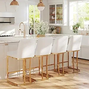 24" Modern Upholstered Bar Stool – White Faux Leather, Brushed Metal Frame