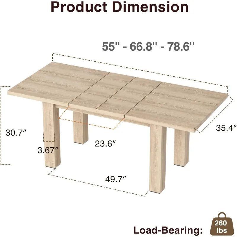 Expandable Mid-Century Modern Dining Table 55"-78" for 6-10
