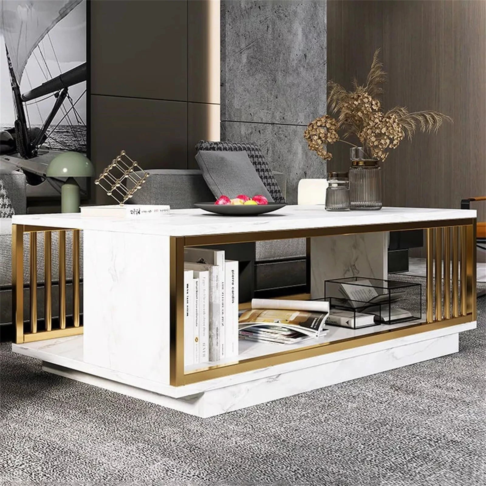 Modern White & Gold Coffee Table with Storage Shelf