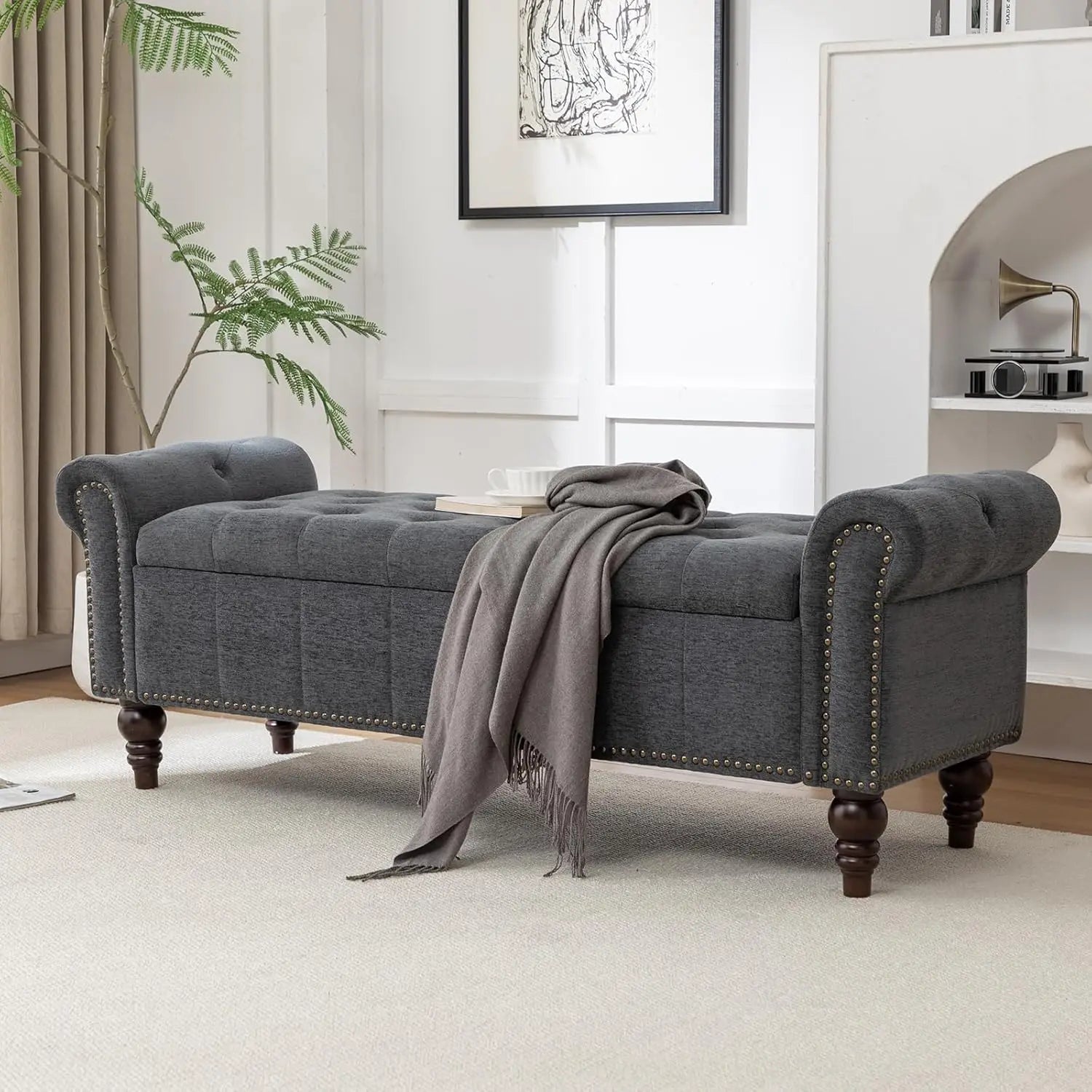 HUANZHUANG 58" Velvet Storage Bench – Modern Ottoman for Queen Bed, Solid Wood & Oak Legs
