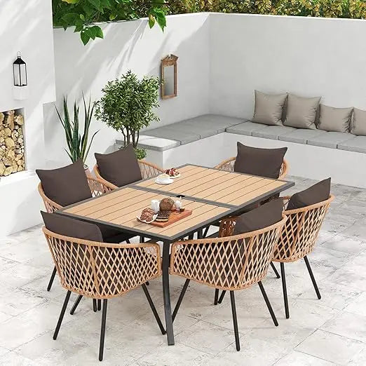 7-Piece Wicker Patio Dining Set with Cushions & Umbrella Hole – Black Rattan