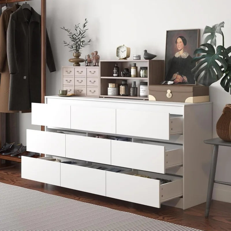 Modern White Wood Drawer Dresser with 9 Deep Drawers