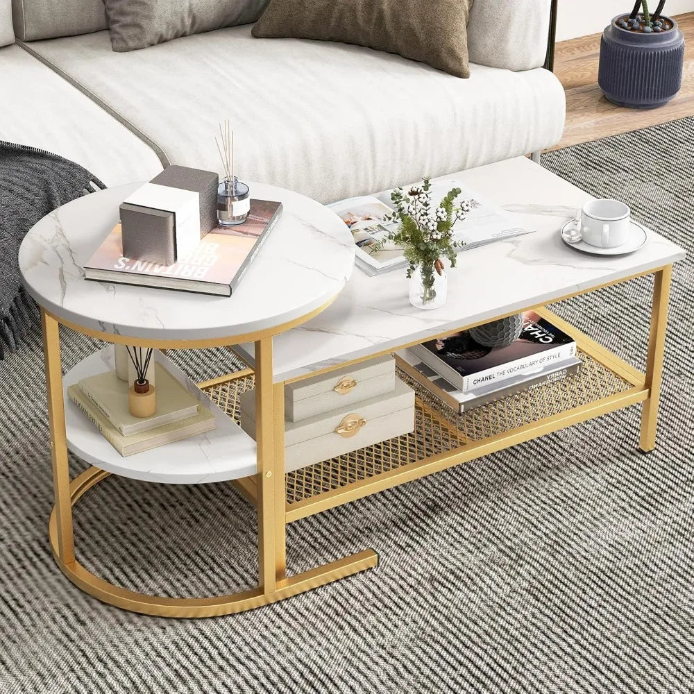 2-in-1 Gold Nesting Coffee & Side Table Set with Faux Marble Top