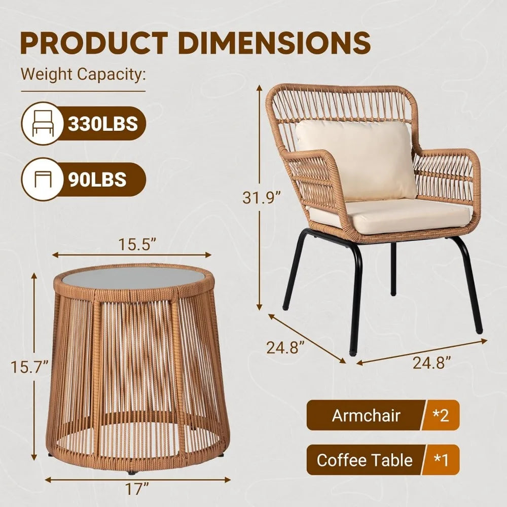 3-Piece Patio Bistro Set with Cushions & Glass Side Table – ANGDUO