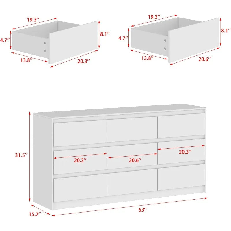 Modern White Wood Drawer Dresser with 9 Deep Drawers