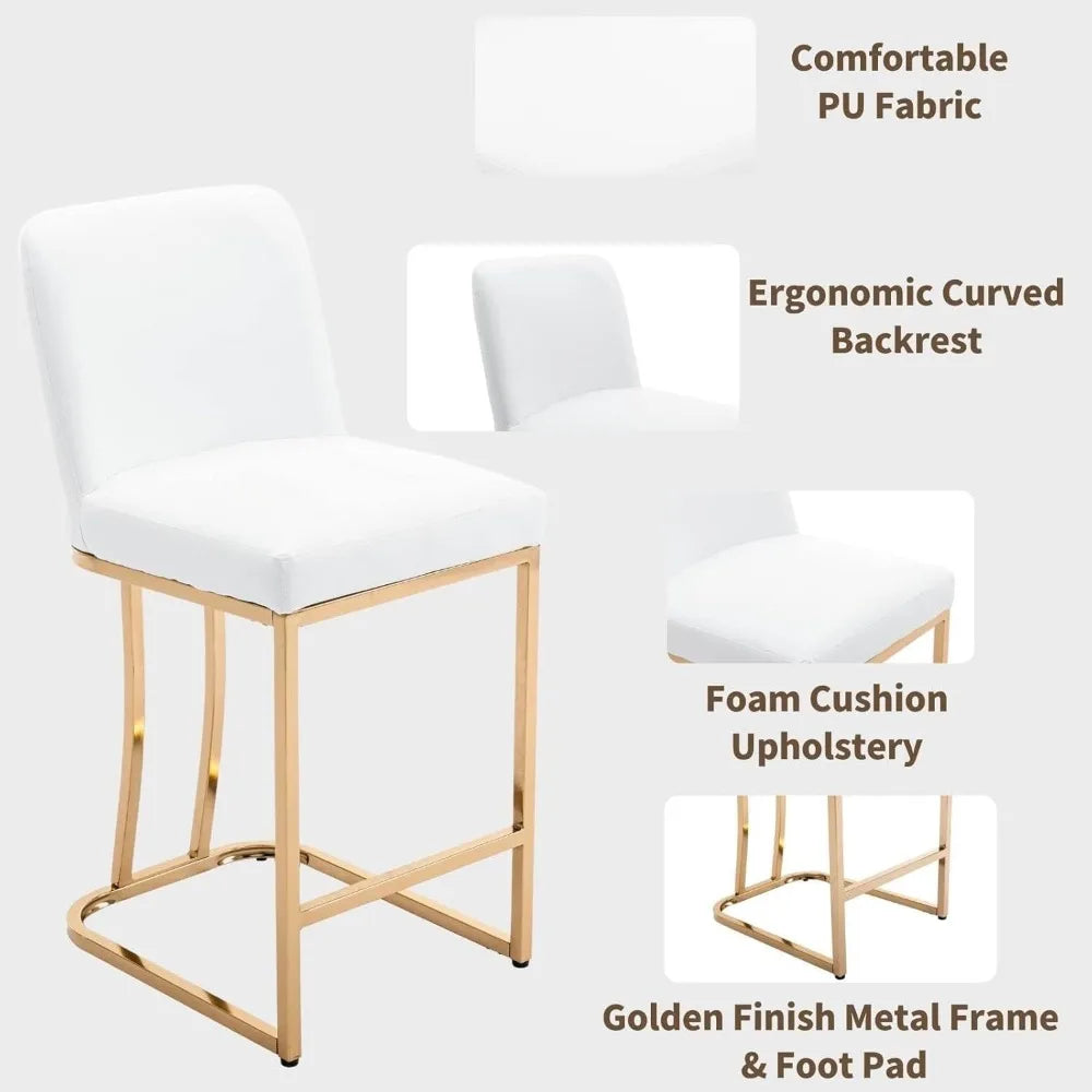 24" Modern Upholstered Bar Stool – White Faux Leather, Brushed Metal Frame