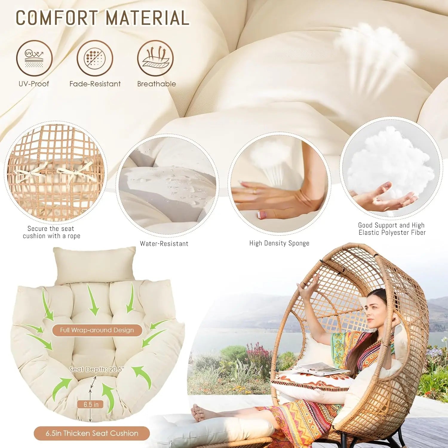 Egg Chair with Footrest – Oversized Rattan Lounger for Indoor & Outdoor
