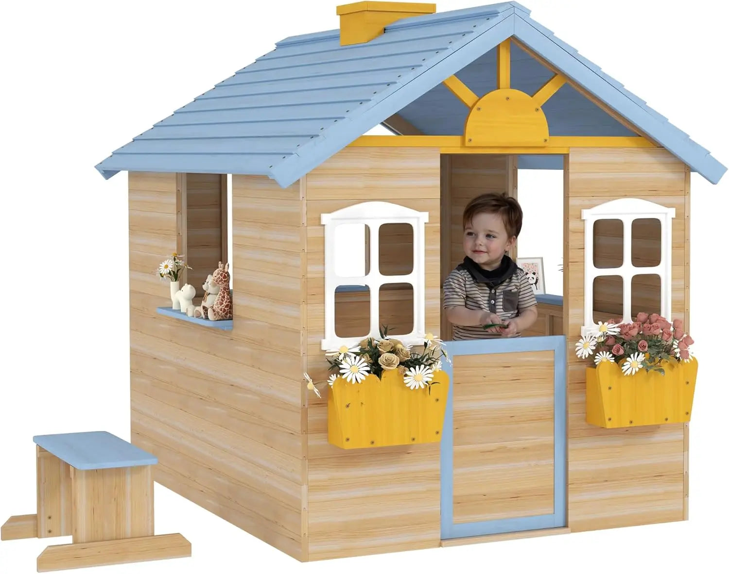 Wooden Kids Outdoor Playhouse – Adventure Cottage with Door, Windows, Bench & Flowerpot Holders