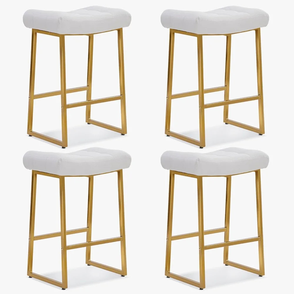 Modern Saddle Bar Stool – Upholstered Faux Leather, Gold Base