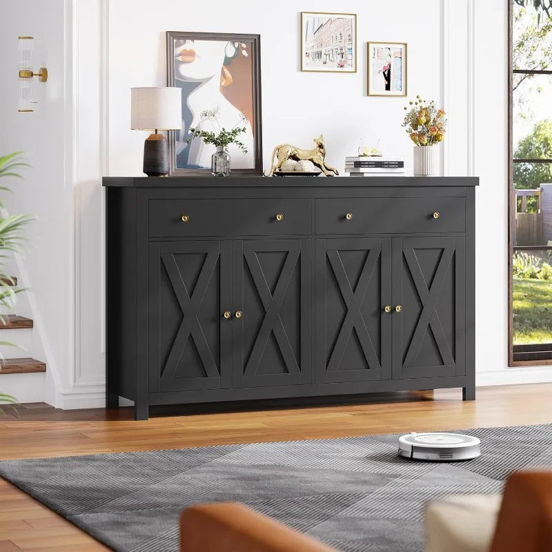 Sideboard Buffet Cabinet With Storage, 55" Large Kitchen Storage Cabinet With 2 Drawers And 4 Doors, Wood Coffee Bar Buf