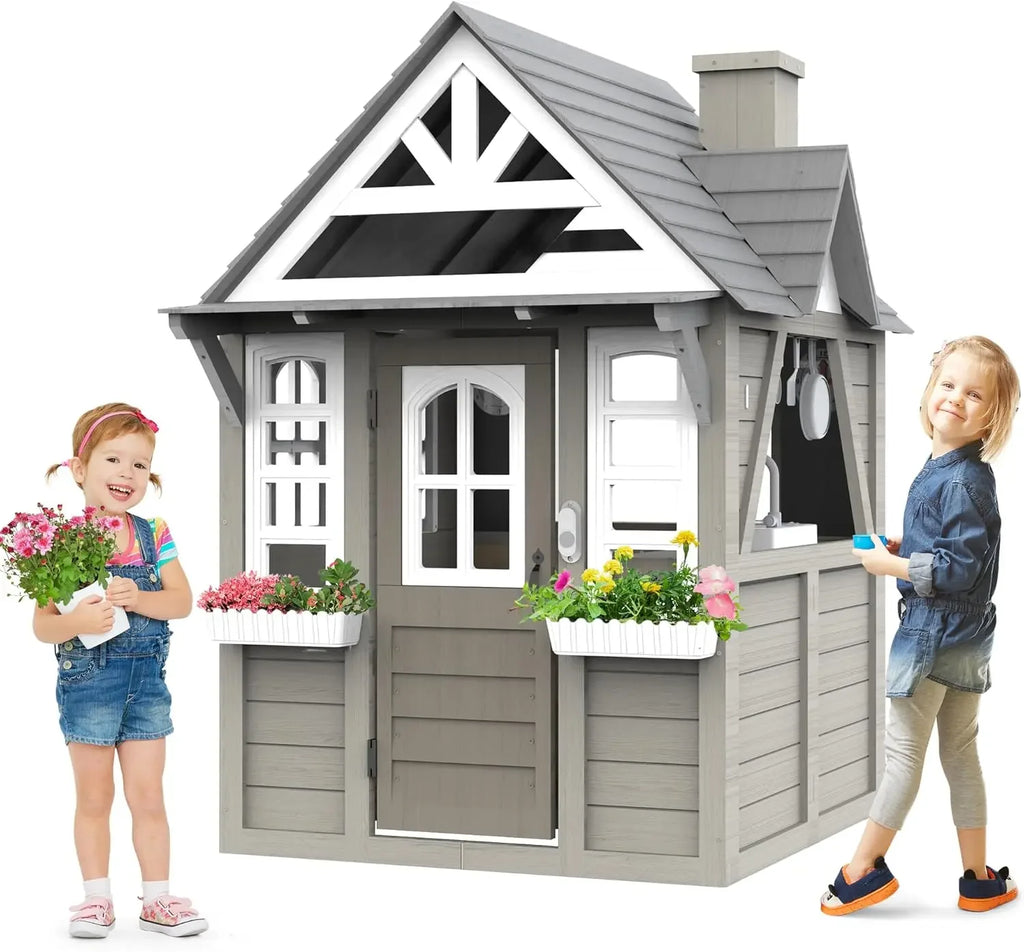 Children’s Outdoor Playhouse with Kitchen, Doorbell & Chalkboard – Fir Wood & Plastic