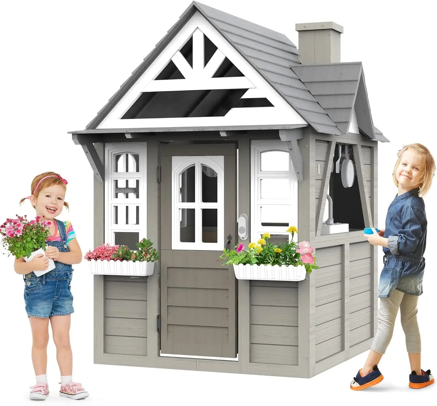 Children’s Outdoor Playhouse with Kitchen, Doorbell & Chalkboard – Fir Wood & Plastic