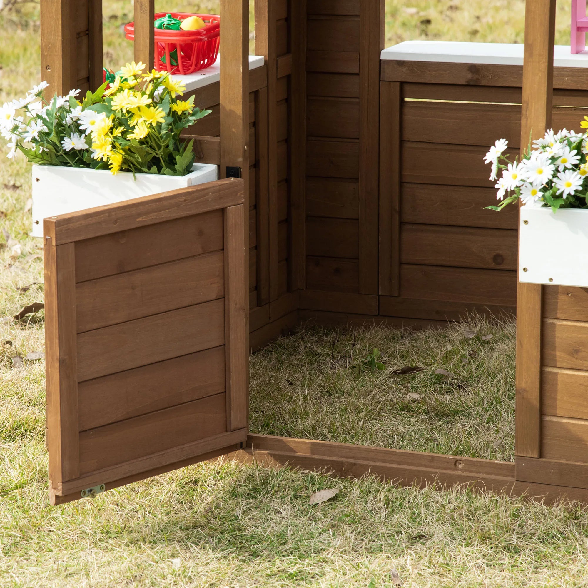 Outsunny Kids Wooden Outdoor Playhouse  Fir Wood, Serving Station & Flowerpot Holders