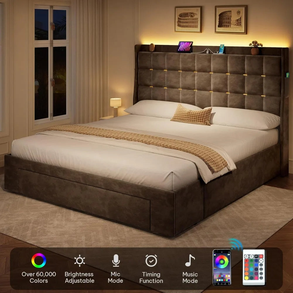 Velvet Queen Bed Frame with LED Lights & Storage  UELV Description: