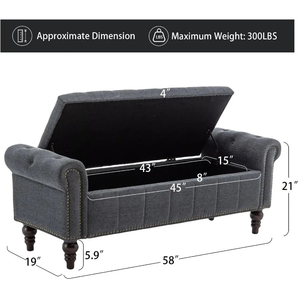 HUANZHUANG 58" Velvet Storage Bench – Modern Ottoman for Queen Bed, Solid Wood & Oak Legs