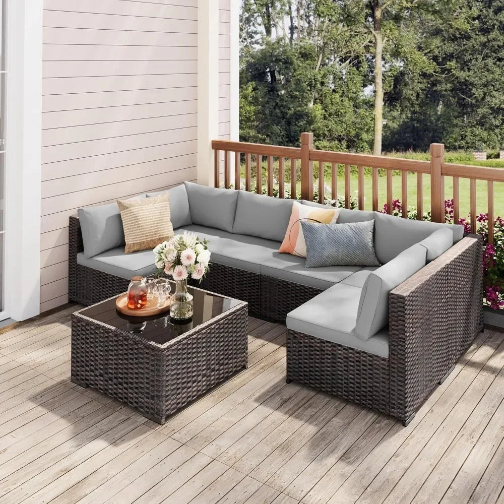 7-Piece L-Shaped Patio Furniture Set – Modular Comfort & Durable Design