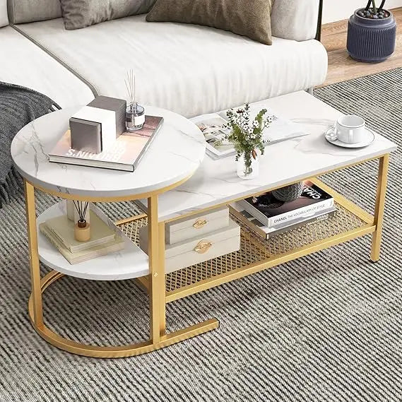 2-in-1 Gold Nesting Coffee & Side Table Set with Faux Marble Top