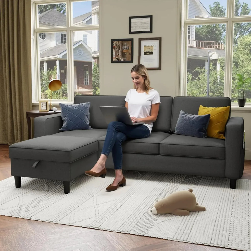 78" Dark Gray L-Shaped Linen Sectional Sofa – Pet-Friendly & Adjustable