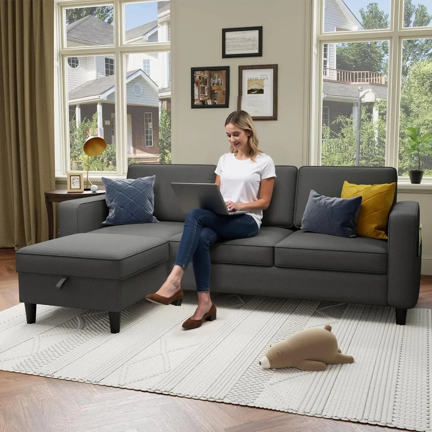 78" Dark Gray L-Shaped Linen Sectional Sofa – Pet-Friendly & Adjustable