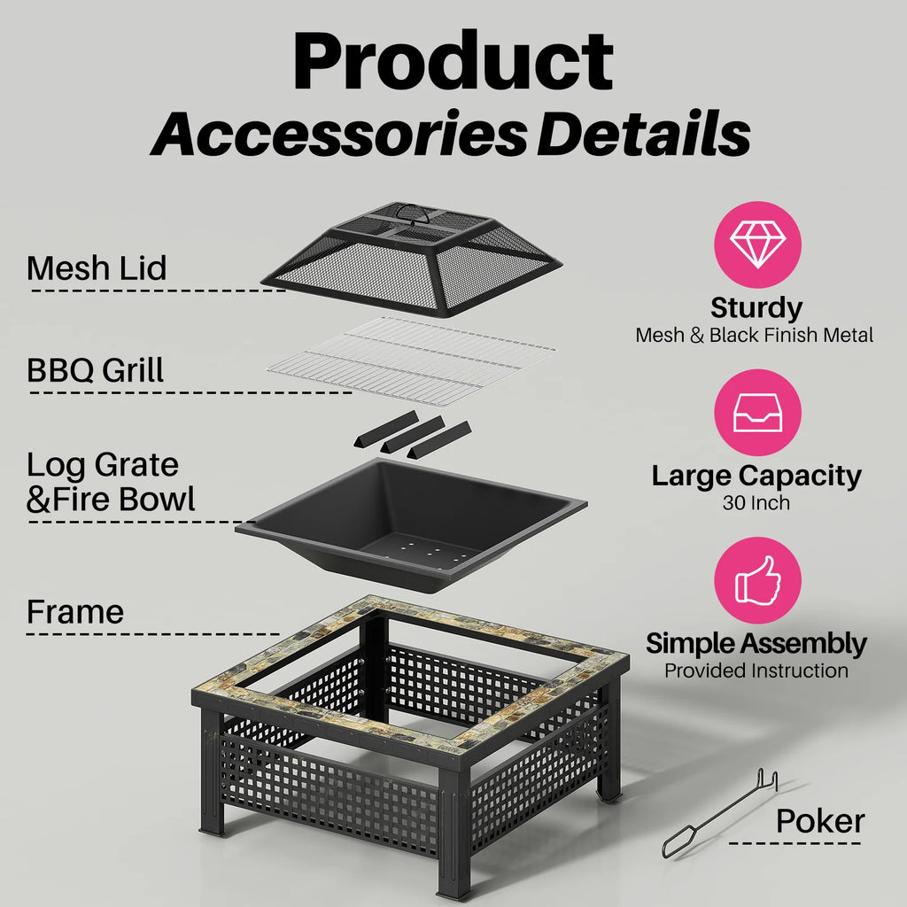 3-in-1 Outdoor Fire Pit with BBQ Grill & Ice Bucket – 30" Square Slate Design
