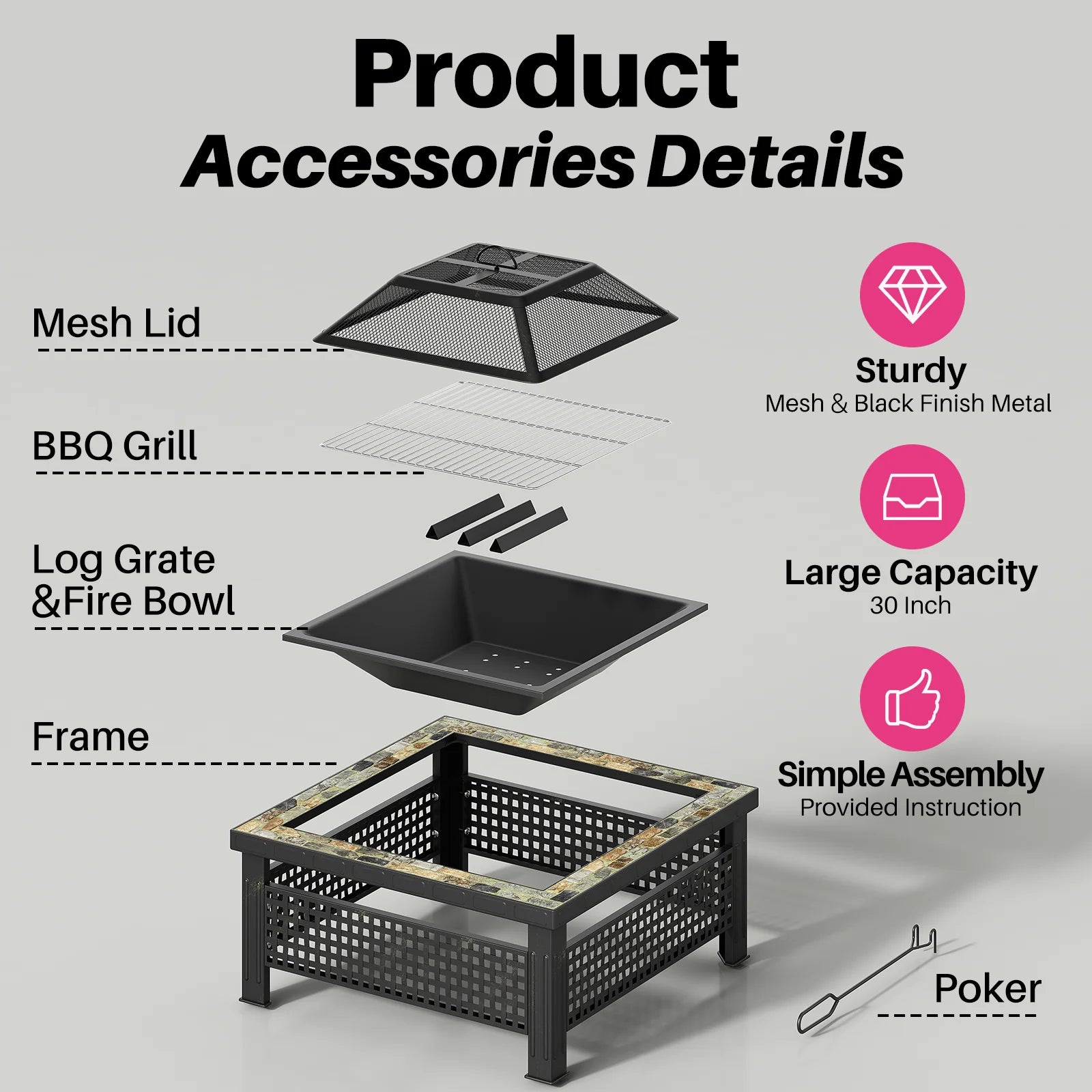 3-in-1 Outdoor Fire Pit with BBQ Grill & Ice Bucket – 30" Square Slate Design