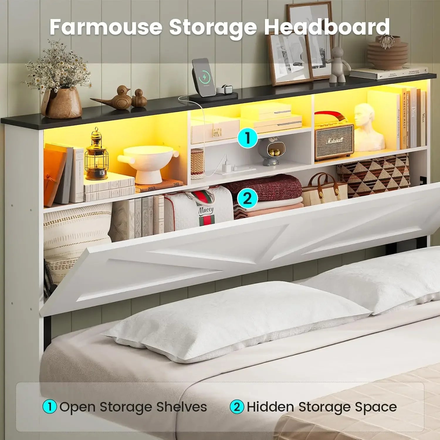Farmhouse Queen Bed Frame with LED & 4 Drawers | White Storage Bed