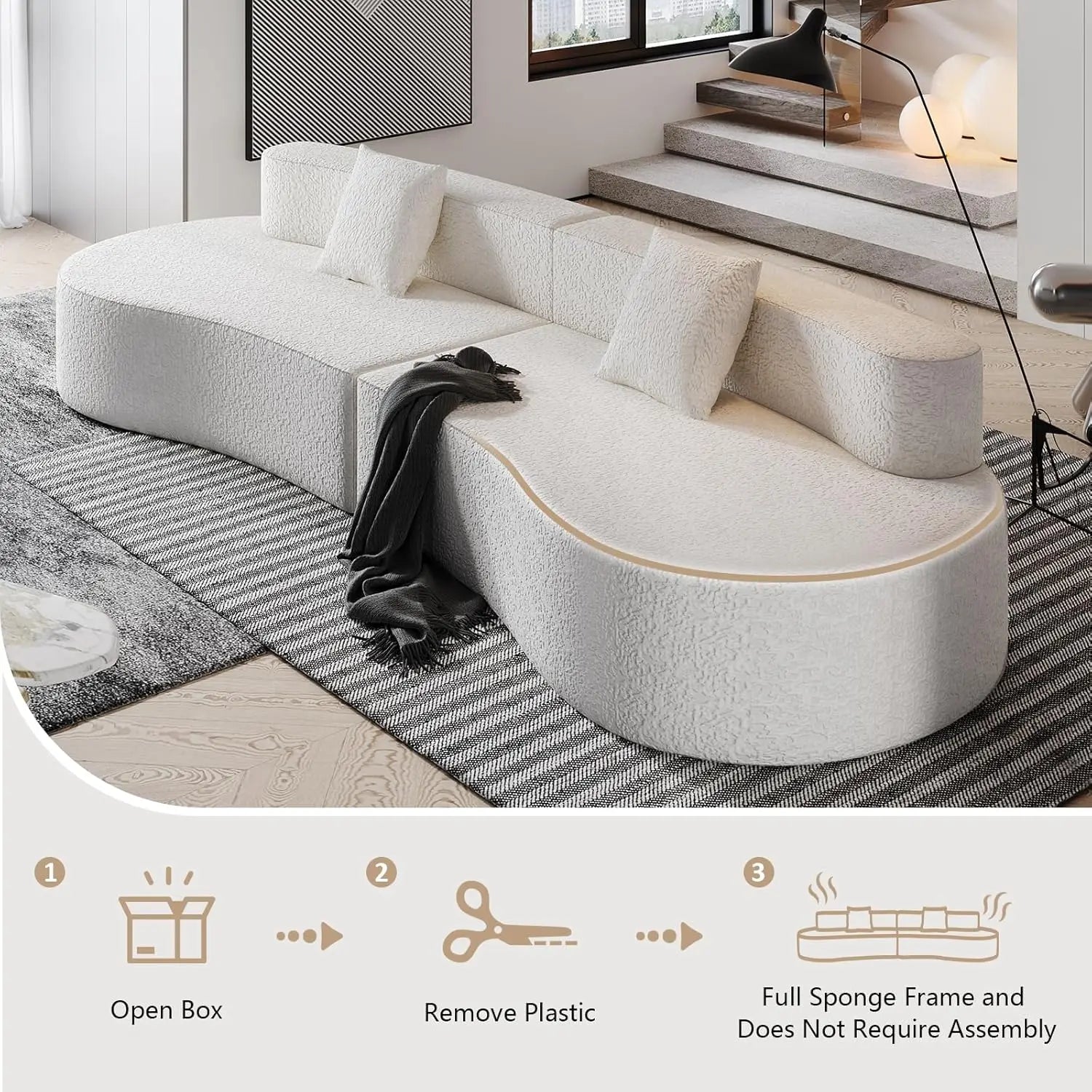 109" Modern Curved 4-Seater Bouclé Sofa with High-Density Cushions