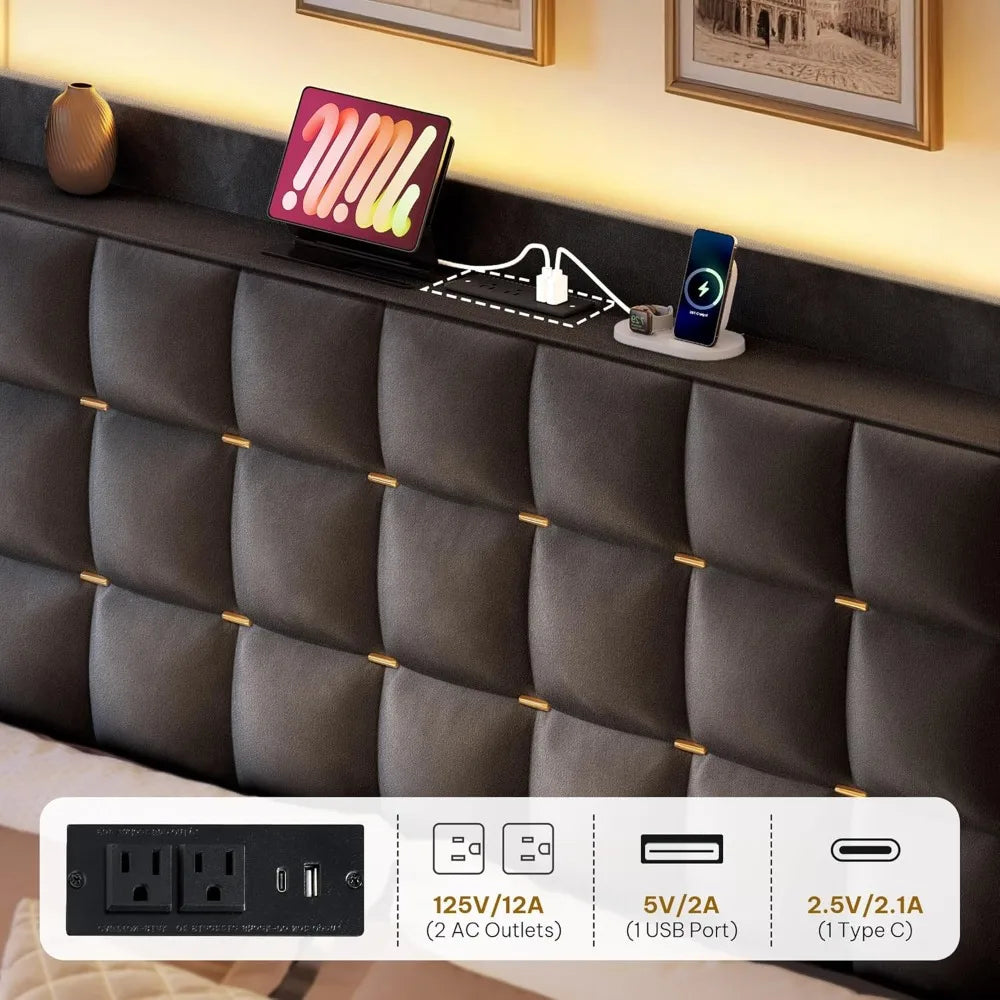 Velvet Queen Bed Frame with LED Lights & Storage  UELV Description: