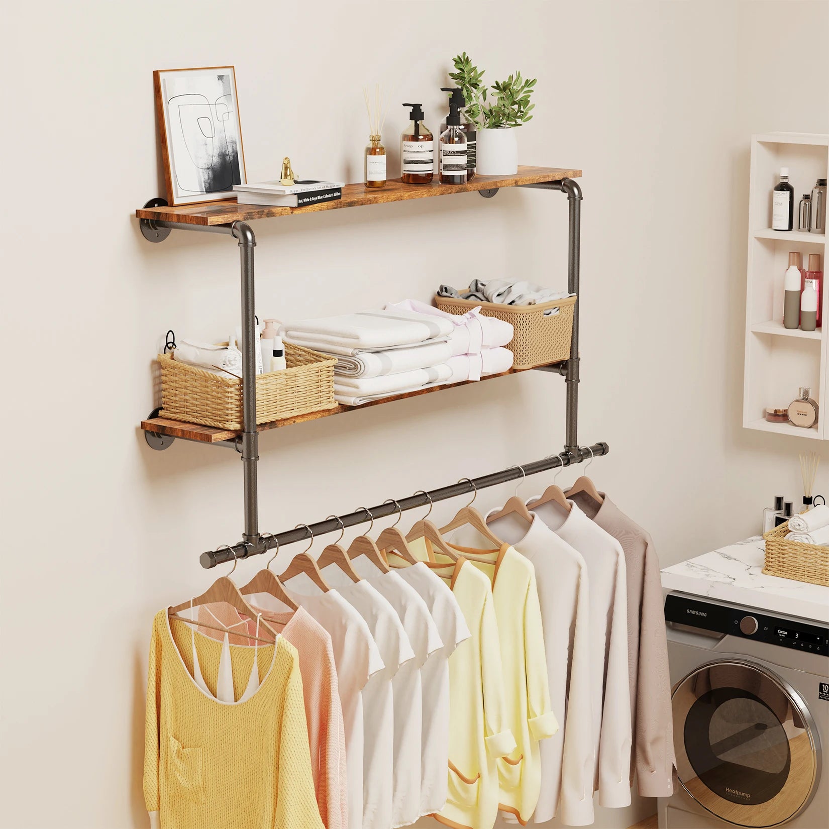 45.7” Industrial Pipe Clothing Rack with 2-Tier Shelf – Wall-Mounted Organizer