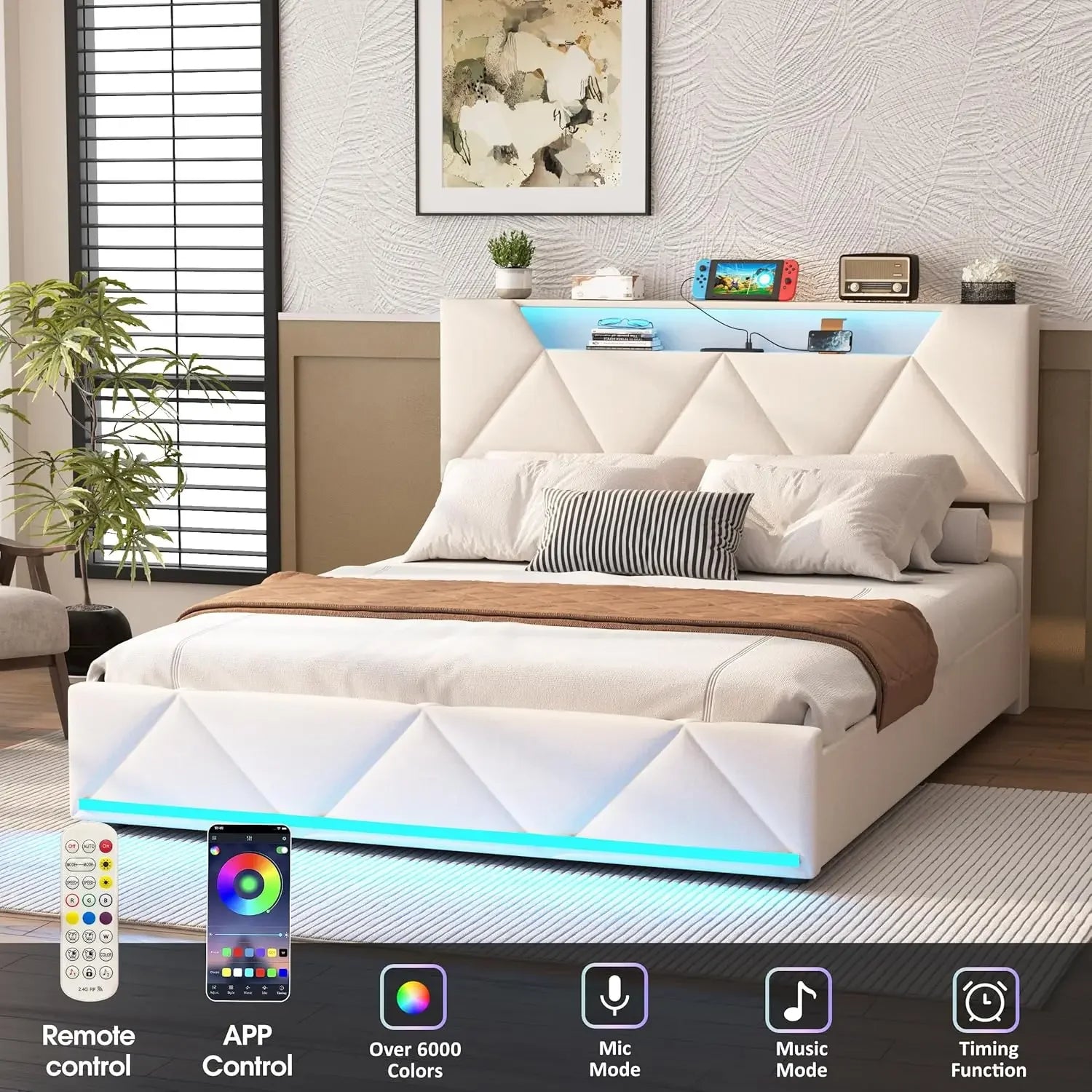 Queen Bed Frame with Storage, LED Lights & Built-in Charging Station