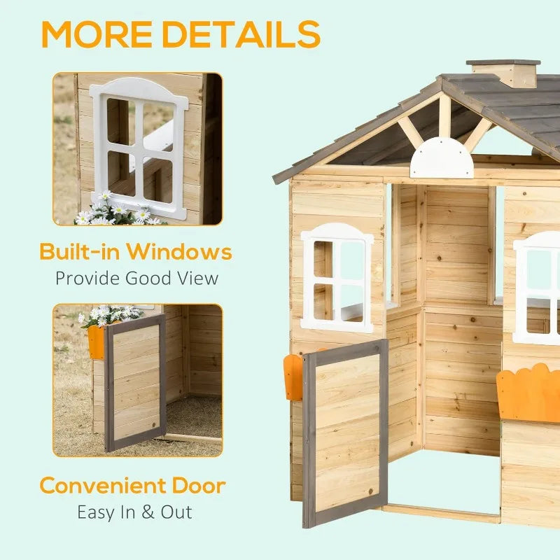 Wooden Kids Outdoor Playhouse – Adventure Cottage with Door, Windows, Bench & Flowerpot Holders