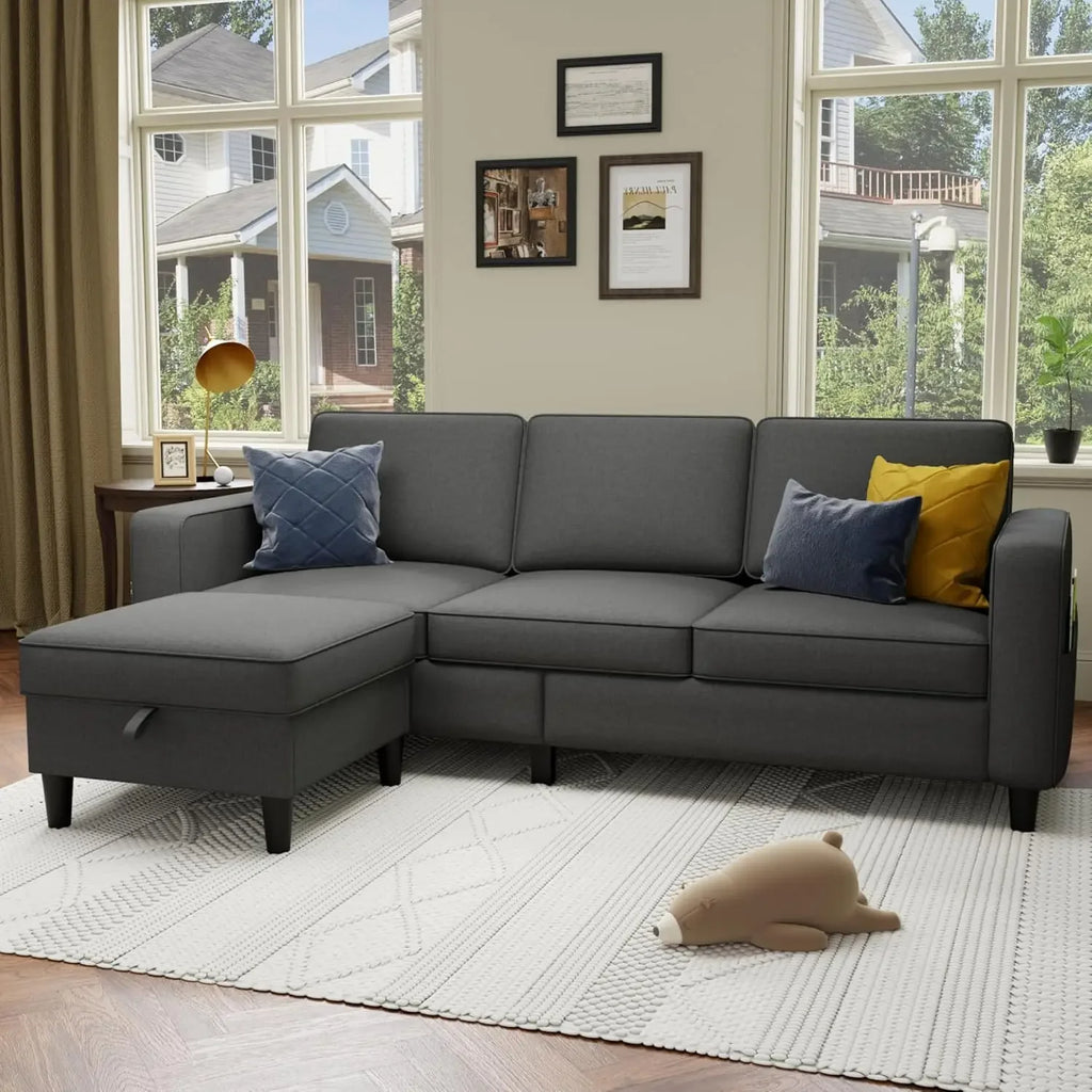 78" Dark Gray L-Shaped Linen Sectional Sofa – Pet-Friendly & Adjustable