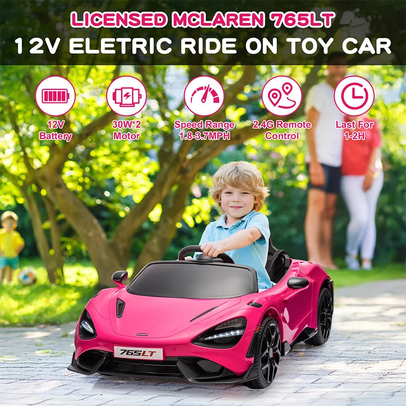 McLaren 765LT Kids Electric Ride-On Car | Ages 3–6 | 12V Rechargeable, Remote Control, LED Lights, Hydraulic Doors