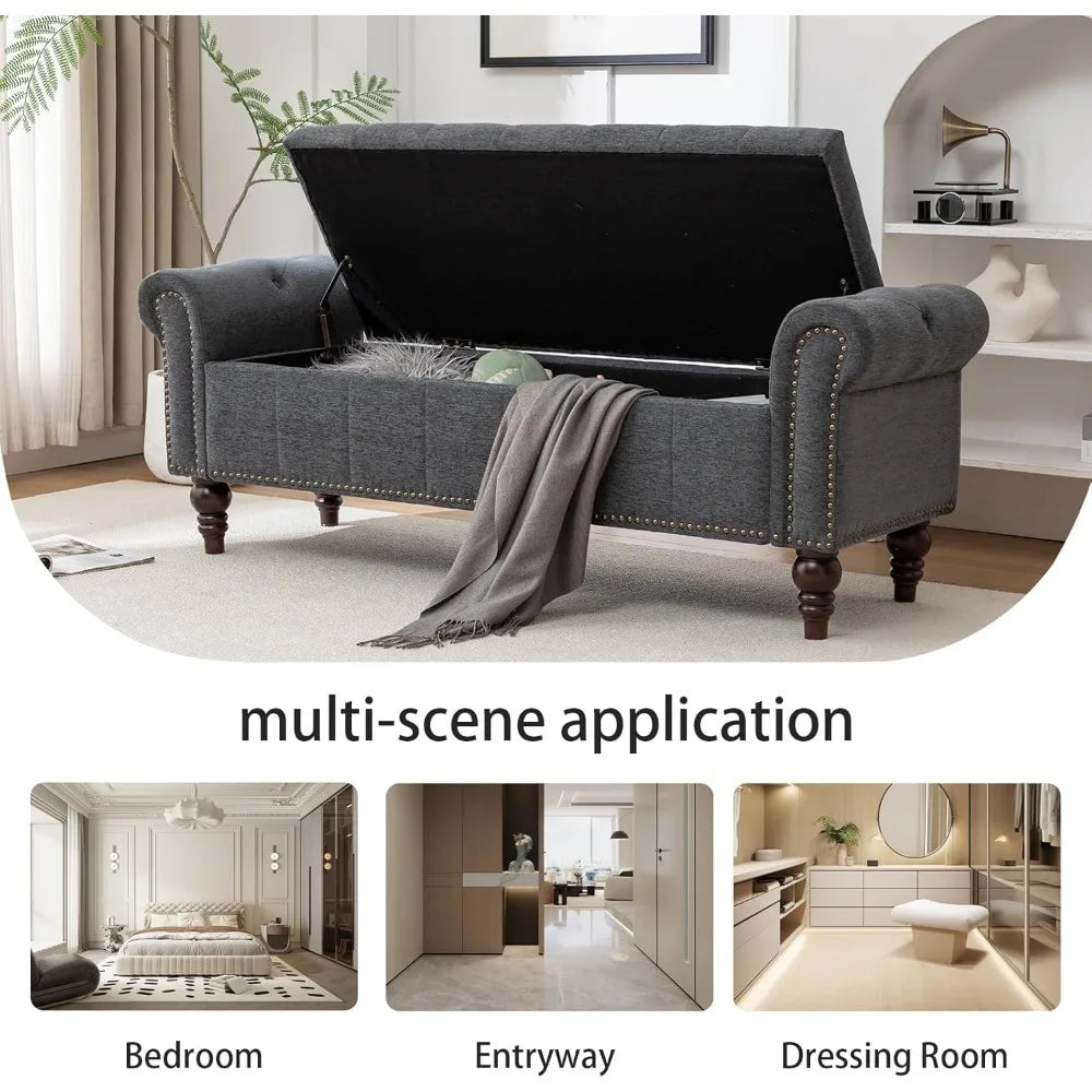 HUANZHUANG 58" Velvet Storage Bench – Modern Ottoman for Queen Bed, Solid Wood & Oak Legs