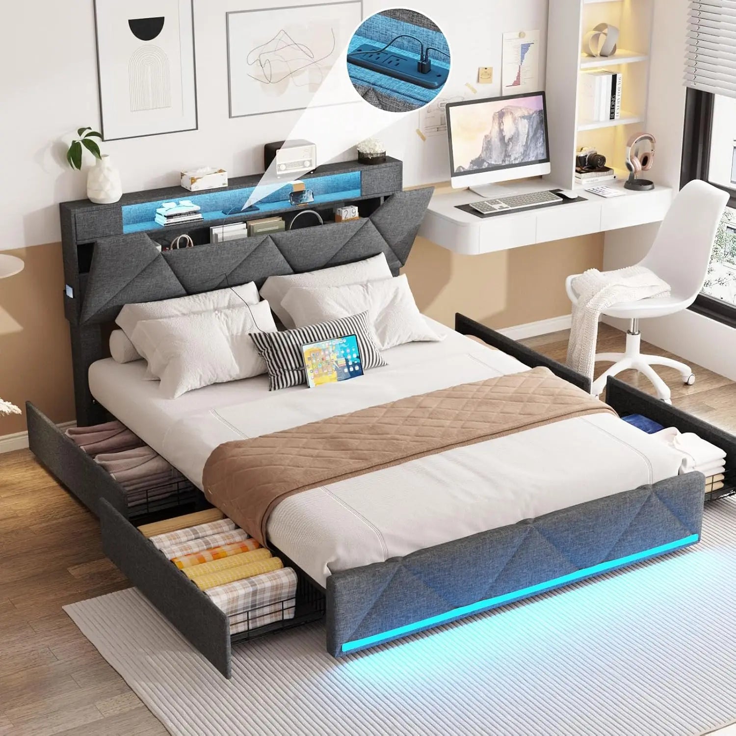 Queen Bed Frame with Storage, LED Lights & Built-in Charging Station