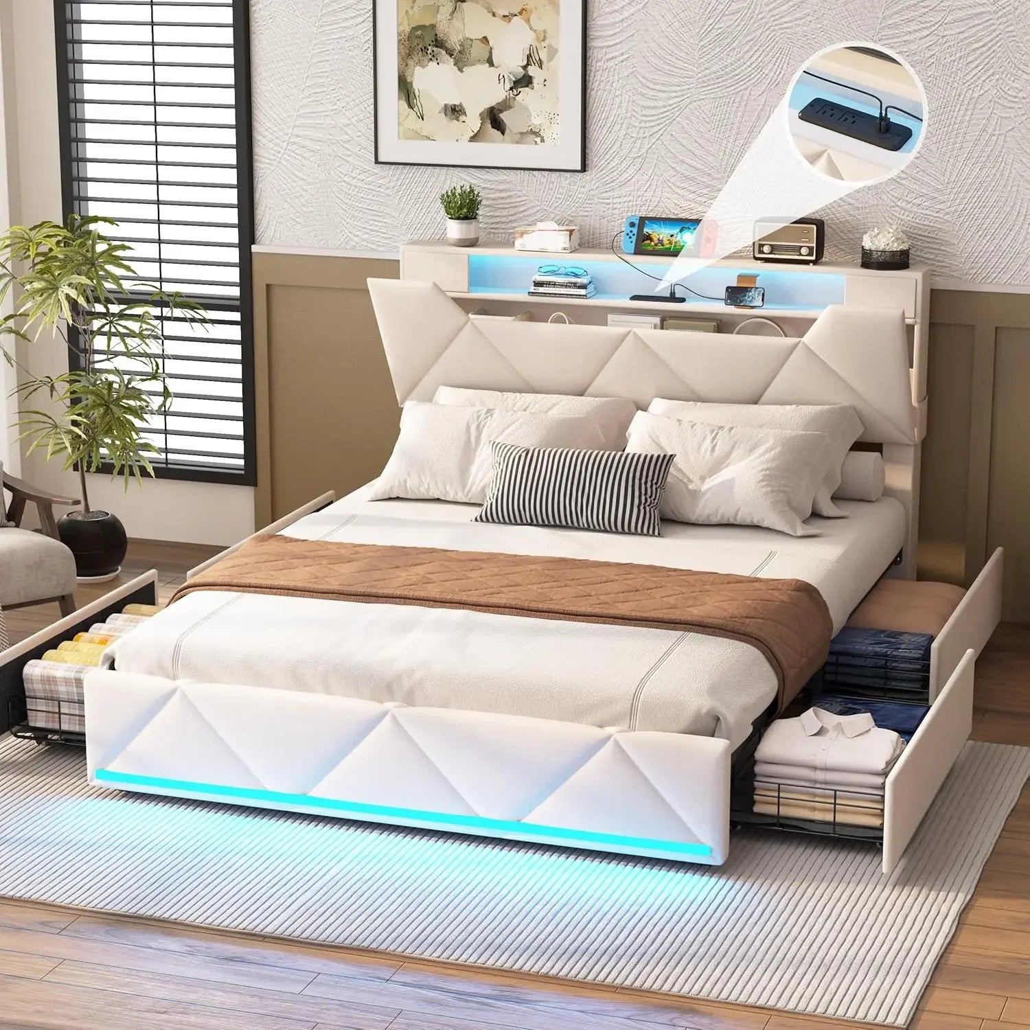 Queen Bed Frame with Storage, LED Lights & Built-in Charging Station